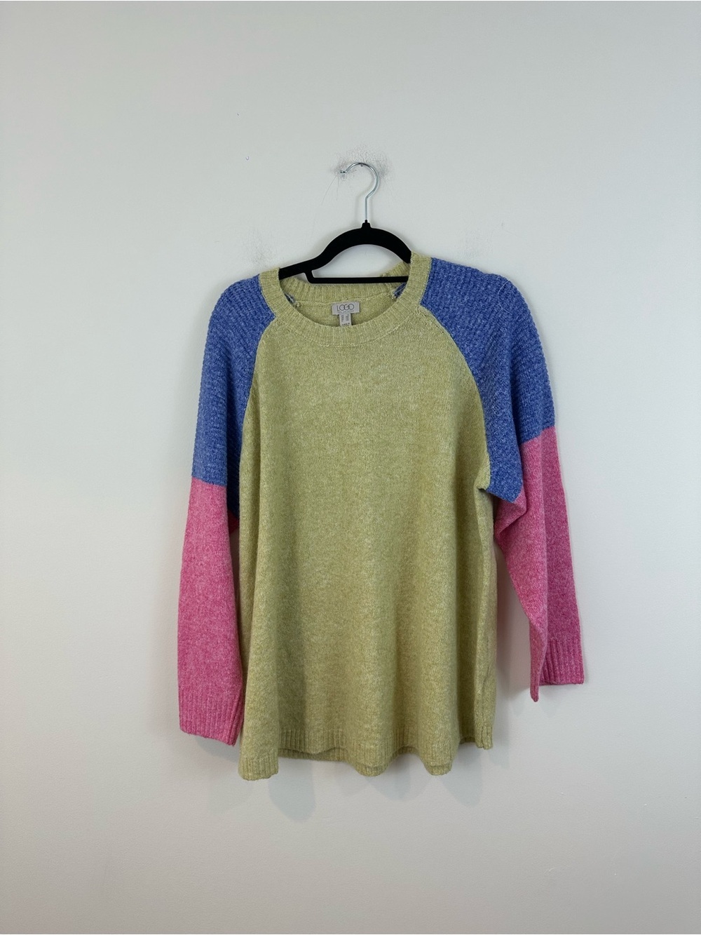 Logo Lori Goldstein Colorblock Raglan Sweater in Olive, Blue & Pink Size 1X